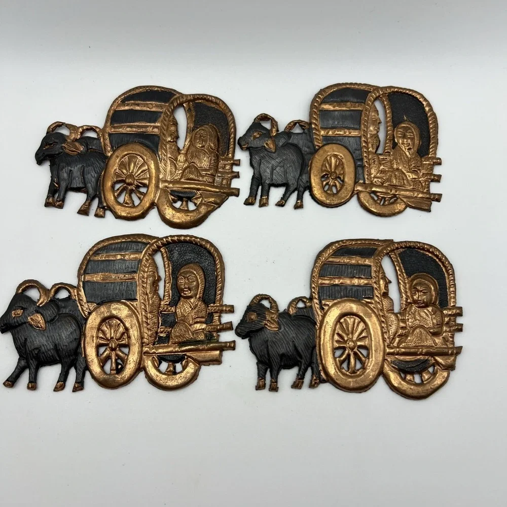 X4 Covered  Wagon Cattle Women Copper Metal Wall Hangings VTG